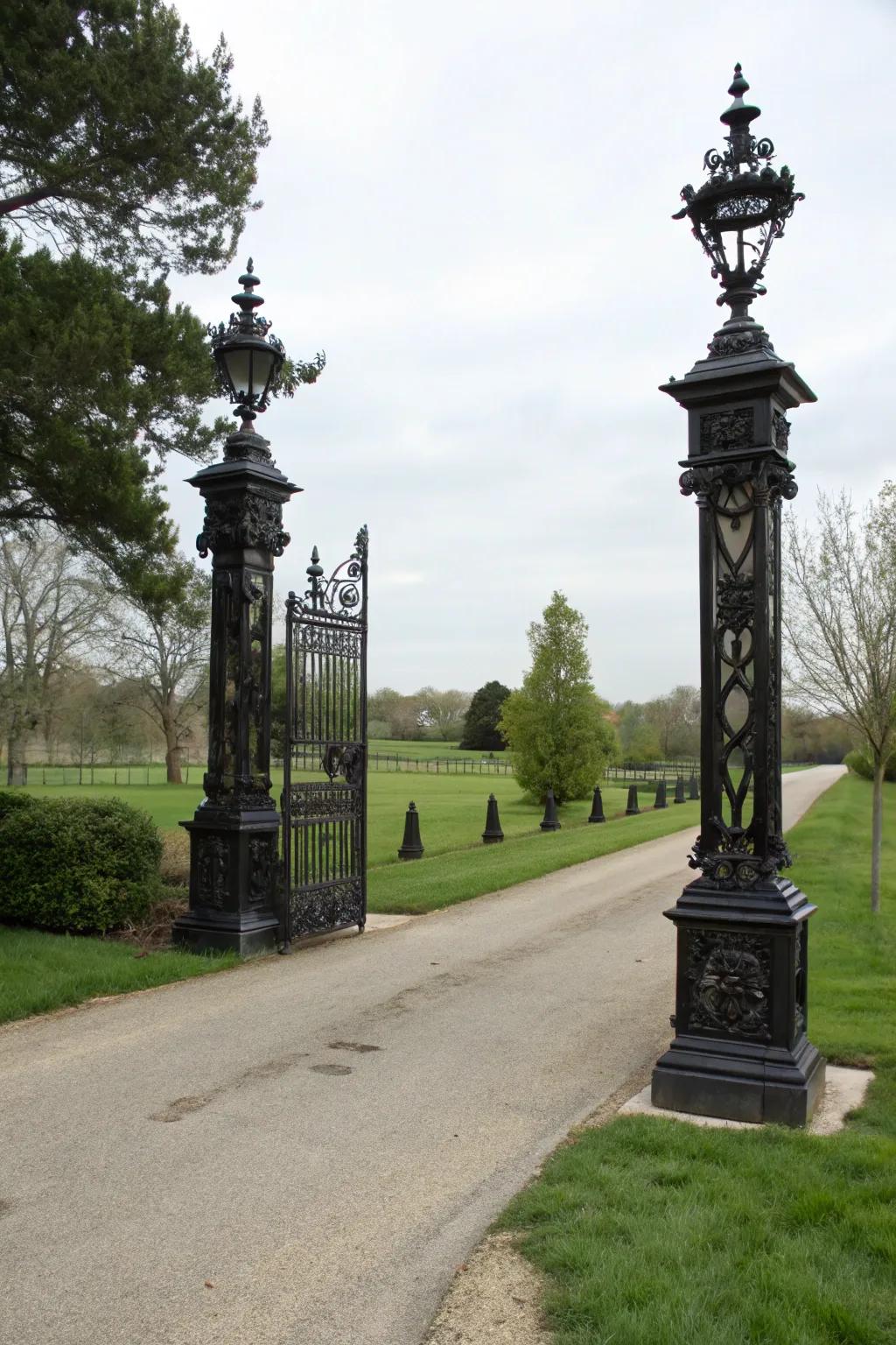 Vintage charm with antique cast-iron driveway posts.