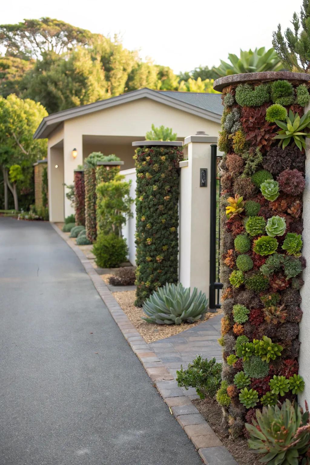 Living garden posts with vertical planters at the driveway entrance.