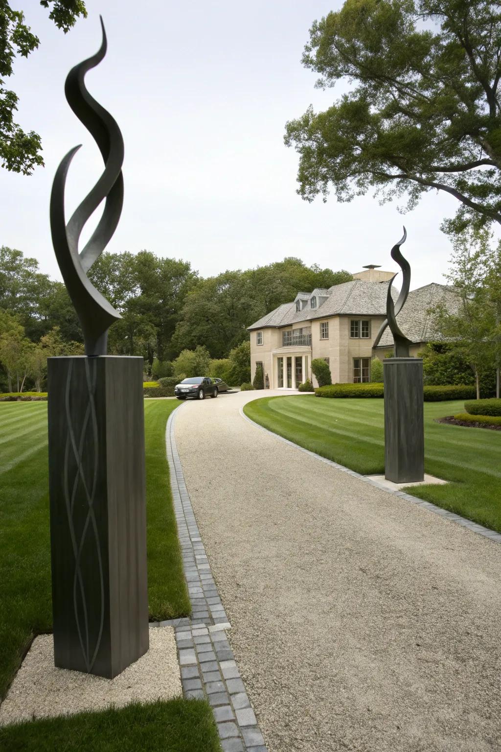 Sculptural posts create a stunning focal point at the driveway entrance.