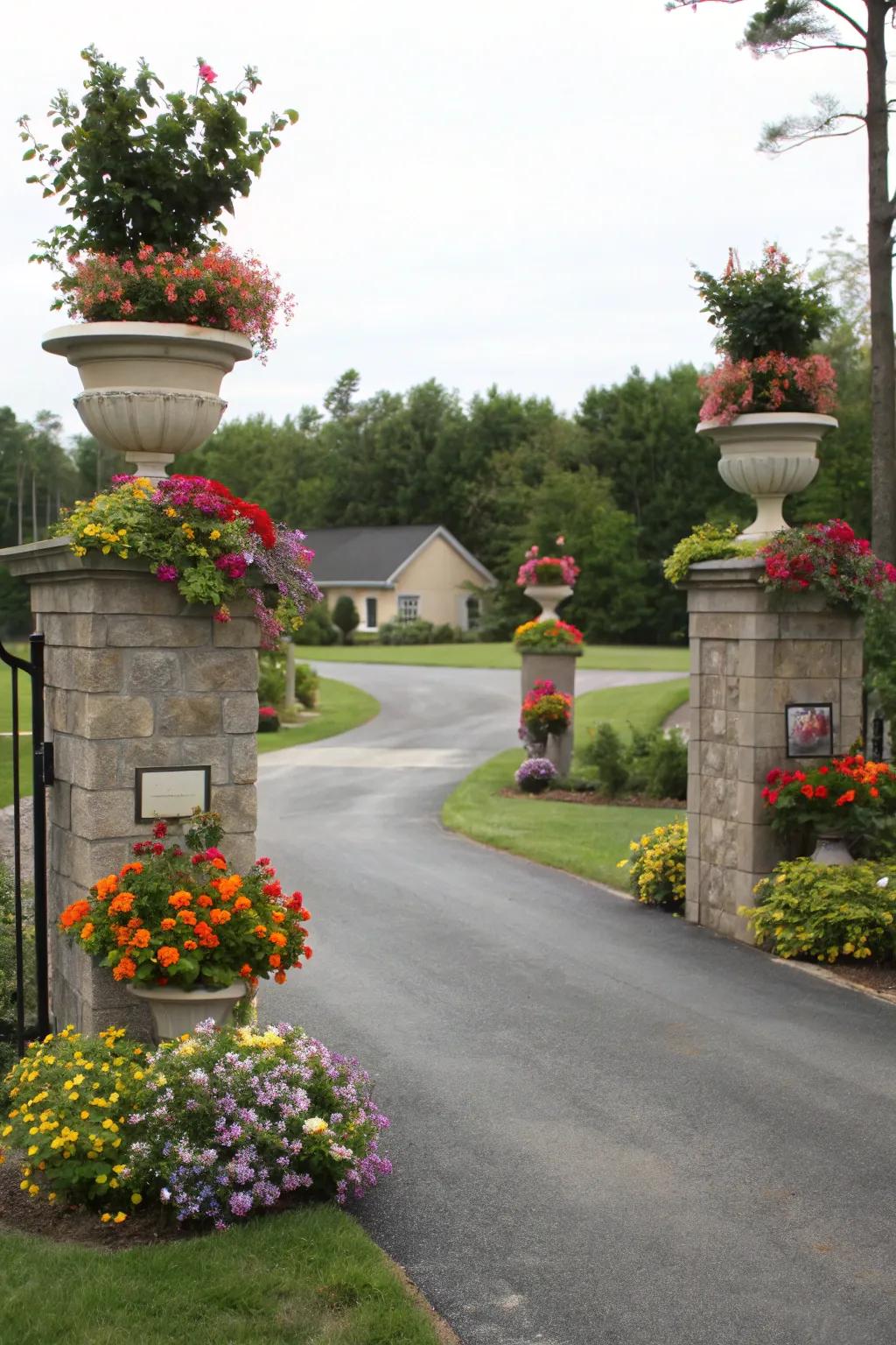 Driveway posts with planters for a vibrant natural vibe.