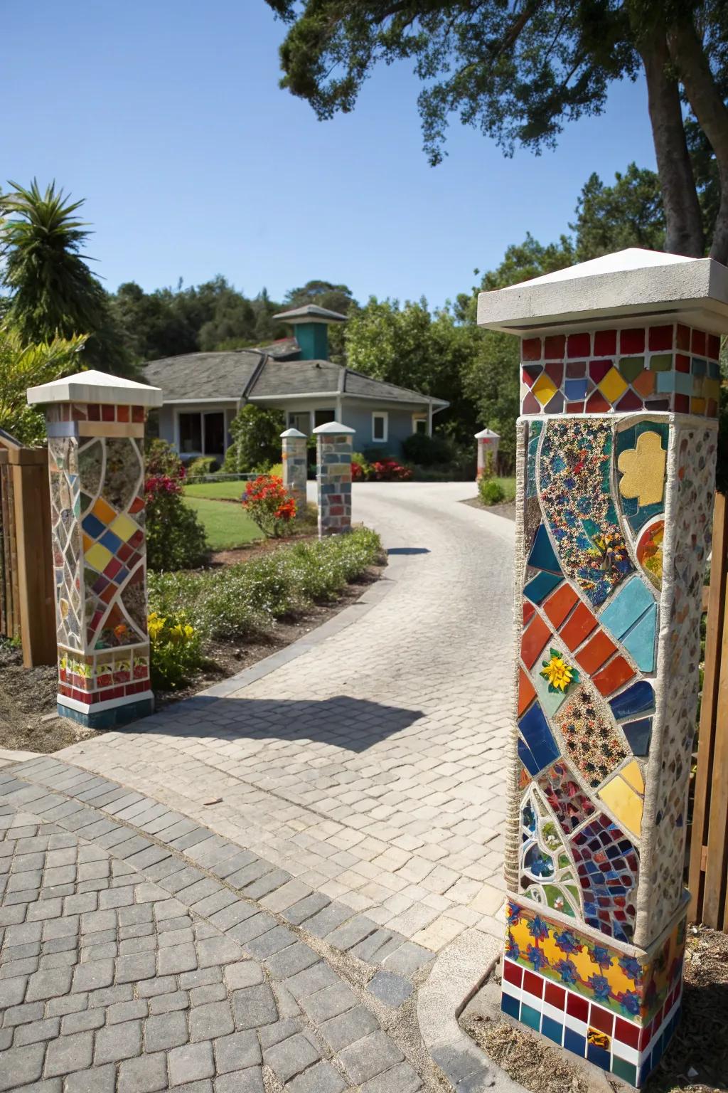 Artistic flair with colorful mosaic tile posts at the driveway entrance.