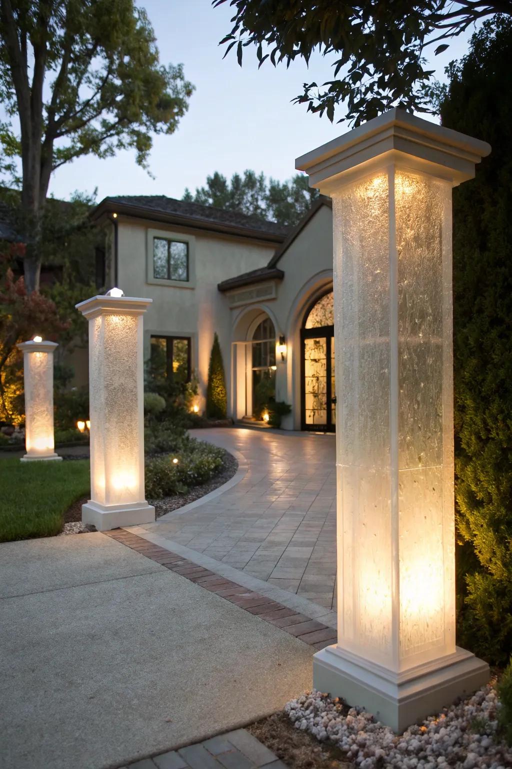 Modern elegance with frosted glass driveway columns.
