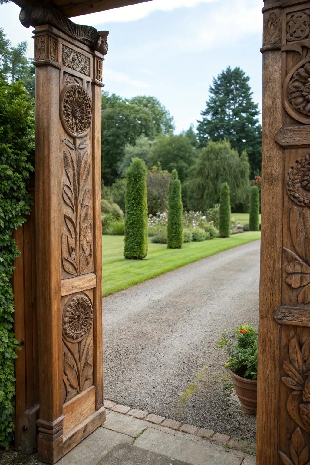 Intricate beauty with carved wooden driveway posts.
