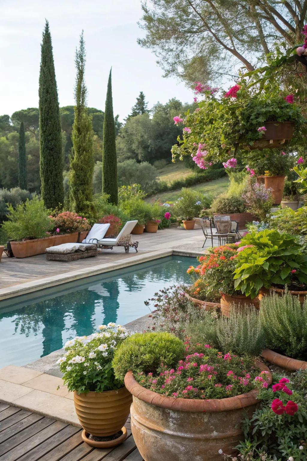 Vibrant potted plants decorating a poolside space.