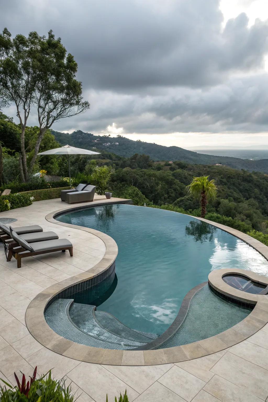 An artistically designed uniquely shaped pool.