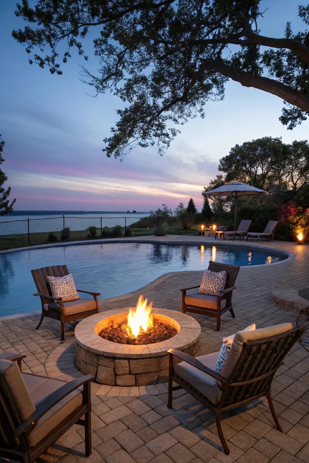 Seating arranged around a fire pit adjacent to the pool.