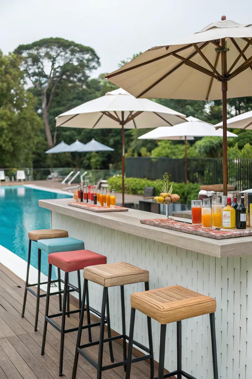A poolside bar with stools and a selection of beverages.