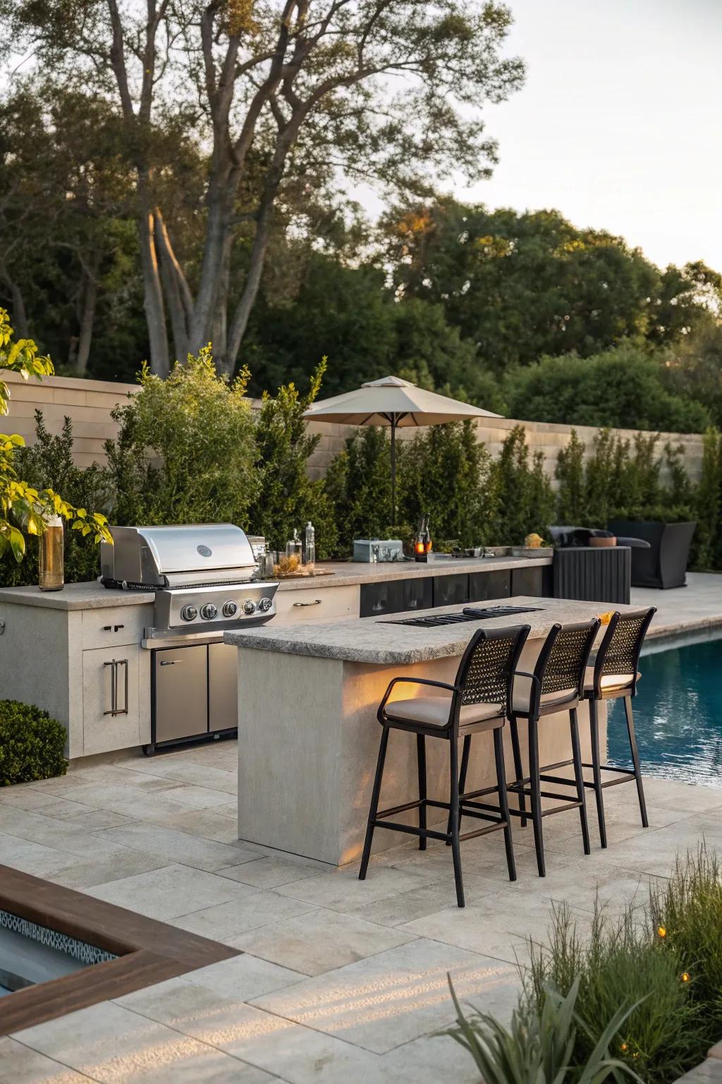 An outdoor kitchen with a grill and bar seating next to a pool.