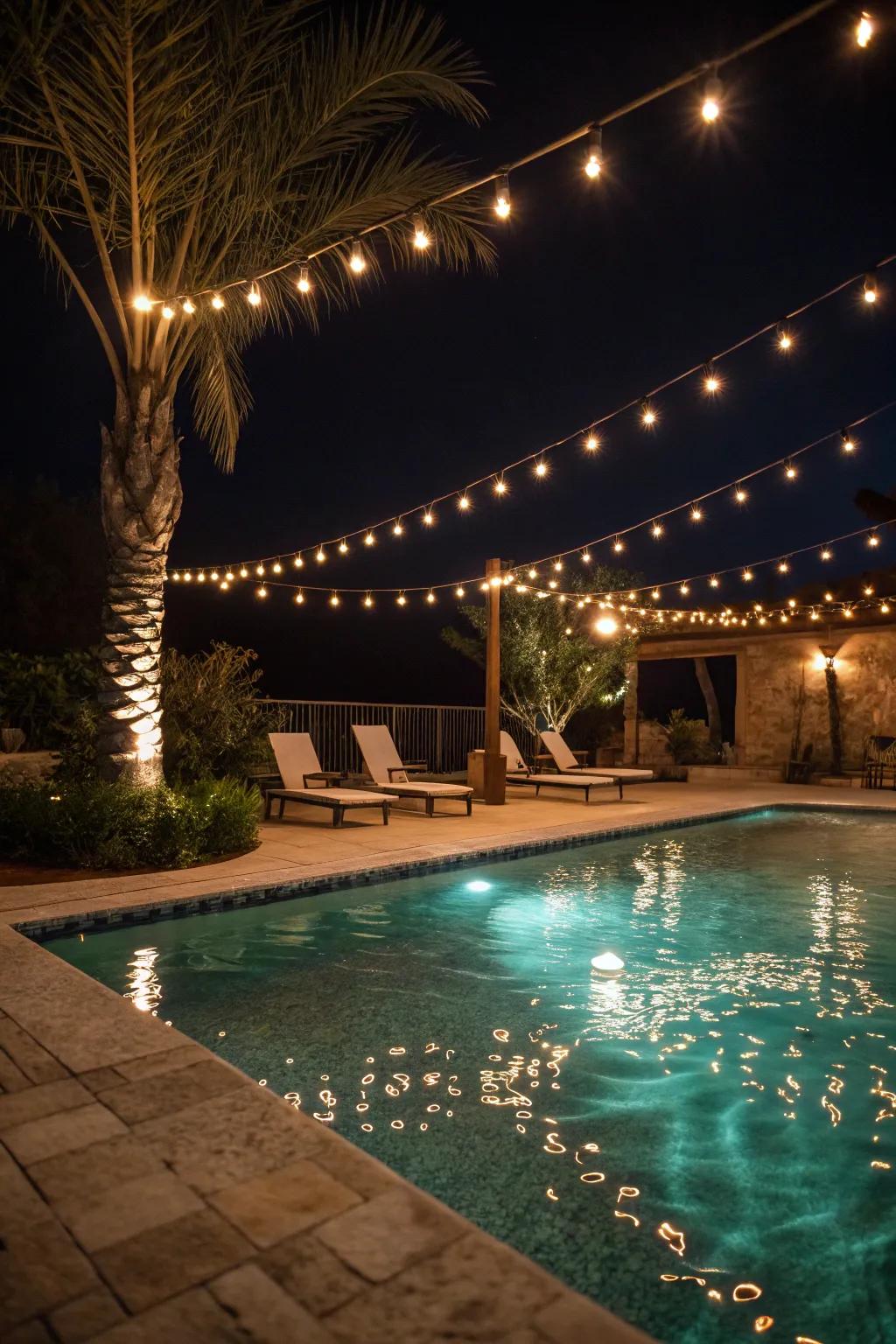 Pool area enhanced by string lights and underwater lighting features.