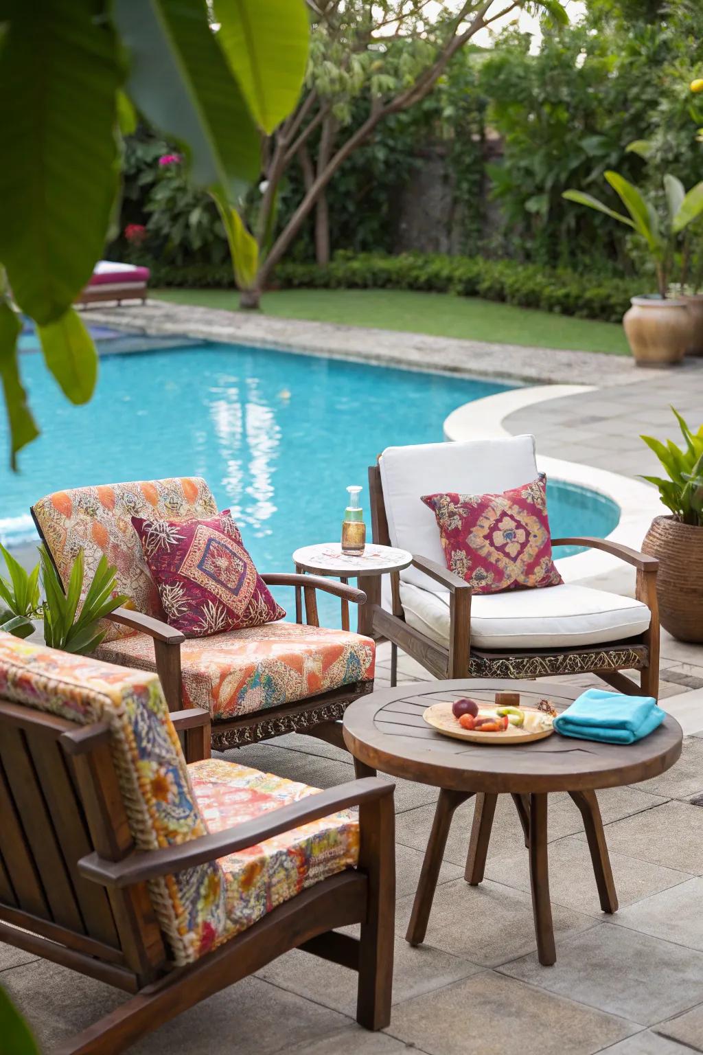 Comfortable cushioned lounge furniture around a poolside area.