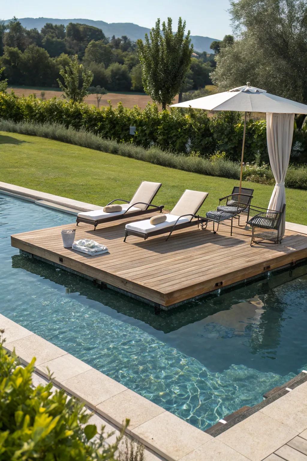 An elegant floating deck with lounge chairs atop a pool.