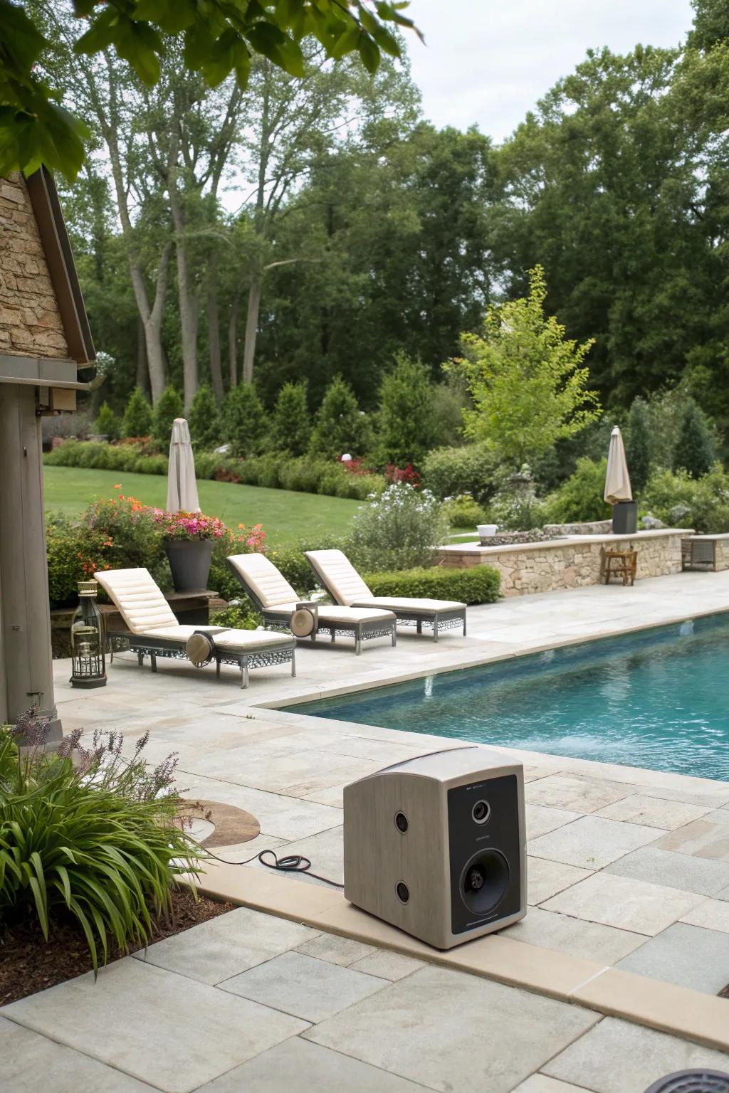 Discreet outdoor speakers integrated into poolside landscaping.