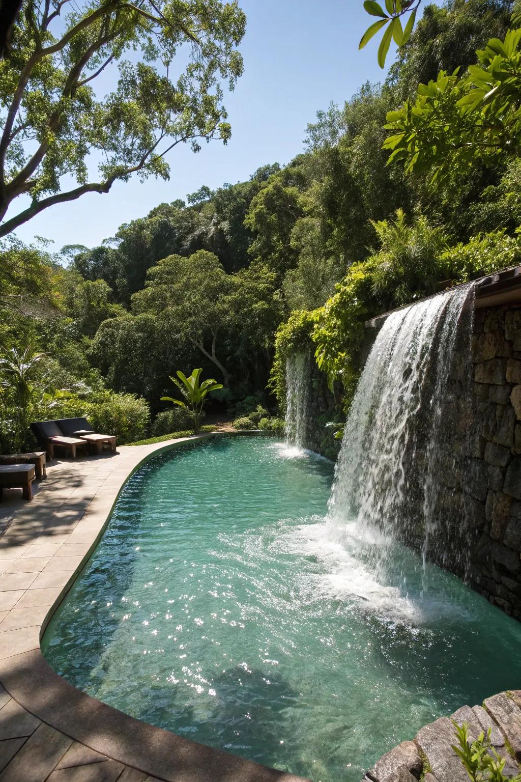 Pool incorporating a cascading waterfall feature.