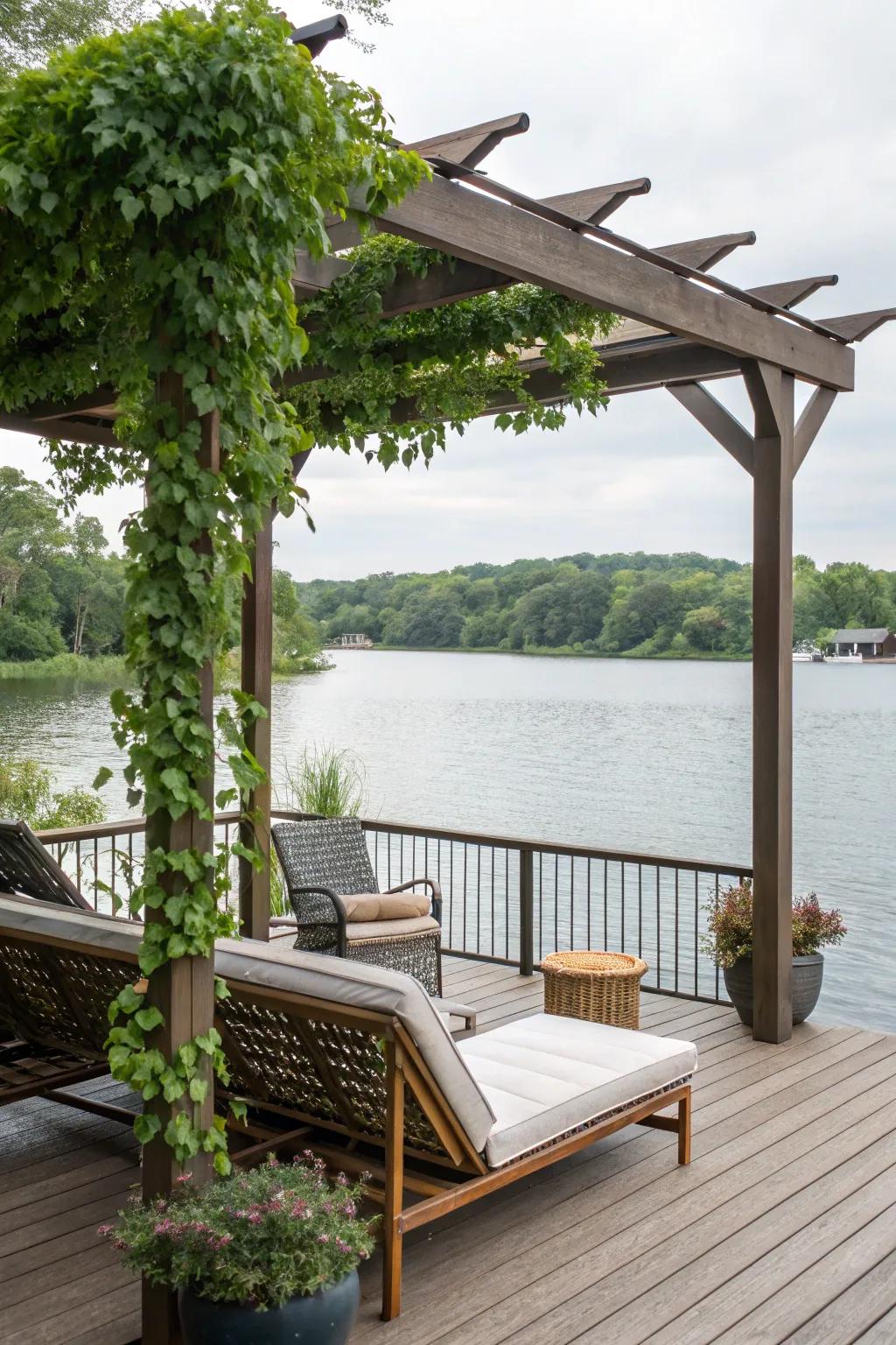 A deck complemented by a sophisticated pergola for shade.