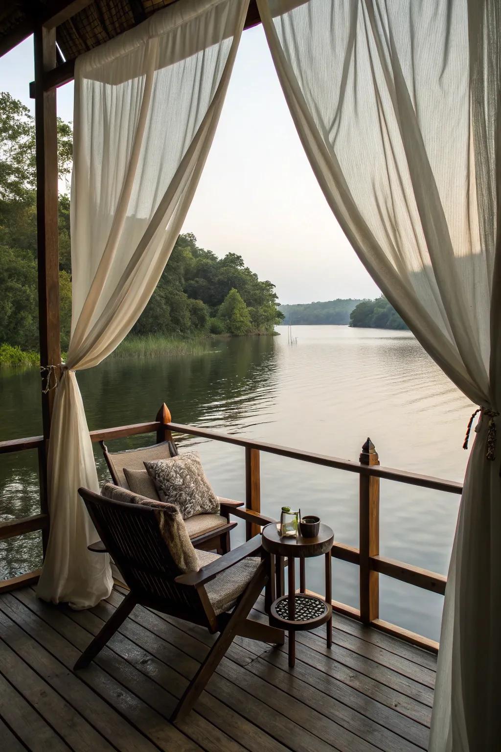 A deck featuring privacy curtains for an intimate atmosphere.