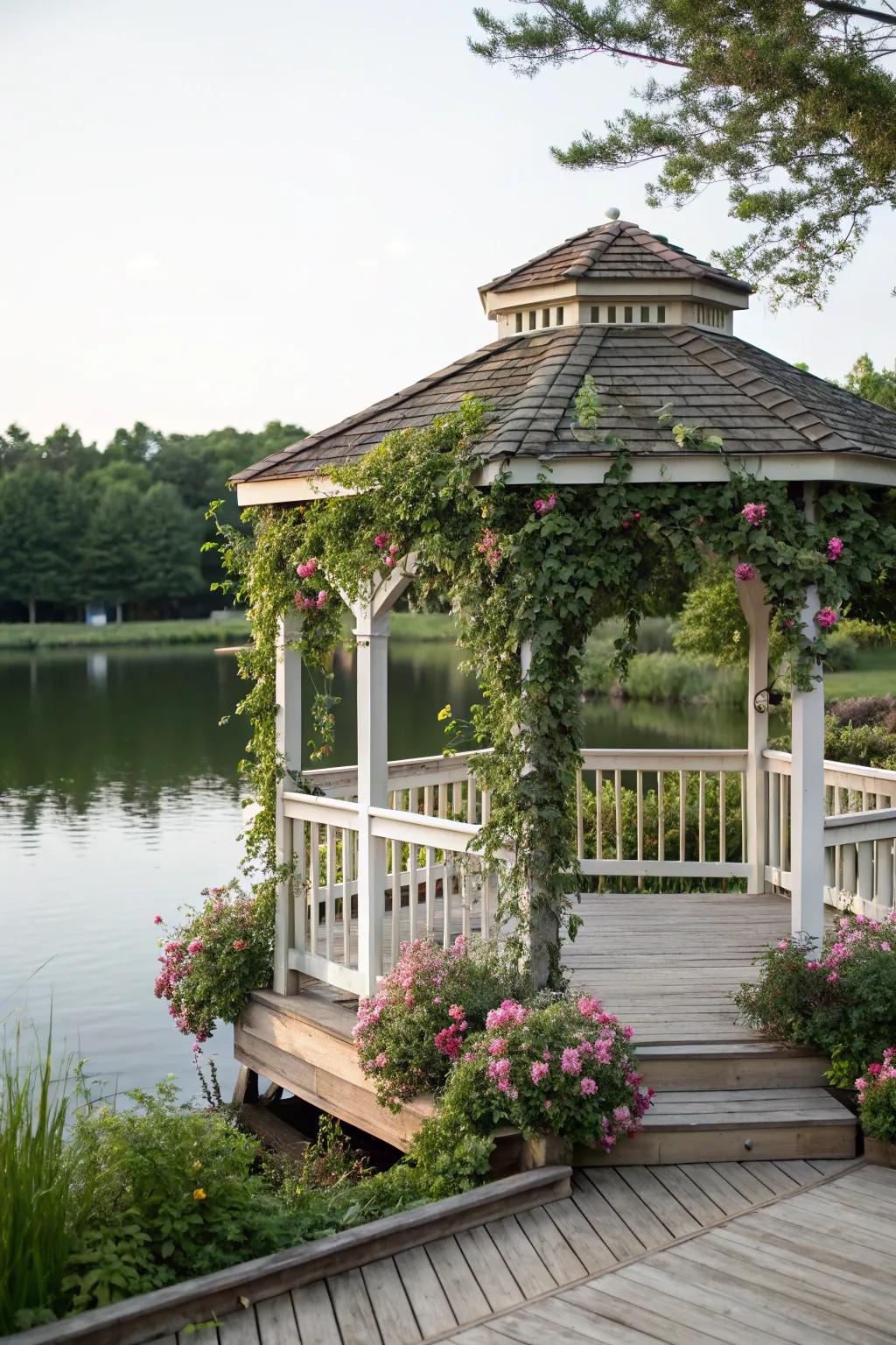 A deck showcasing a charming gazebo structure.