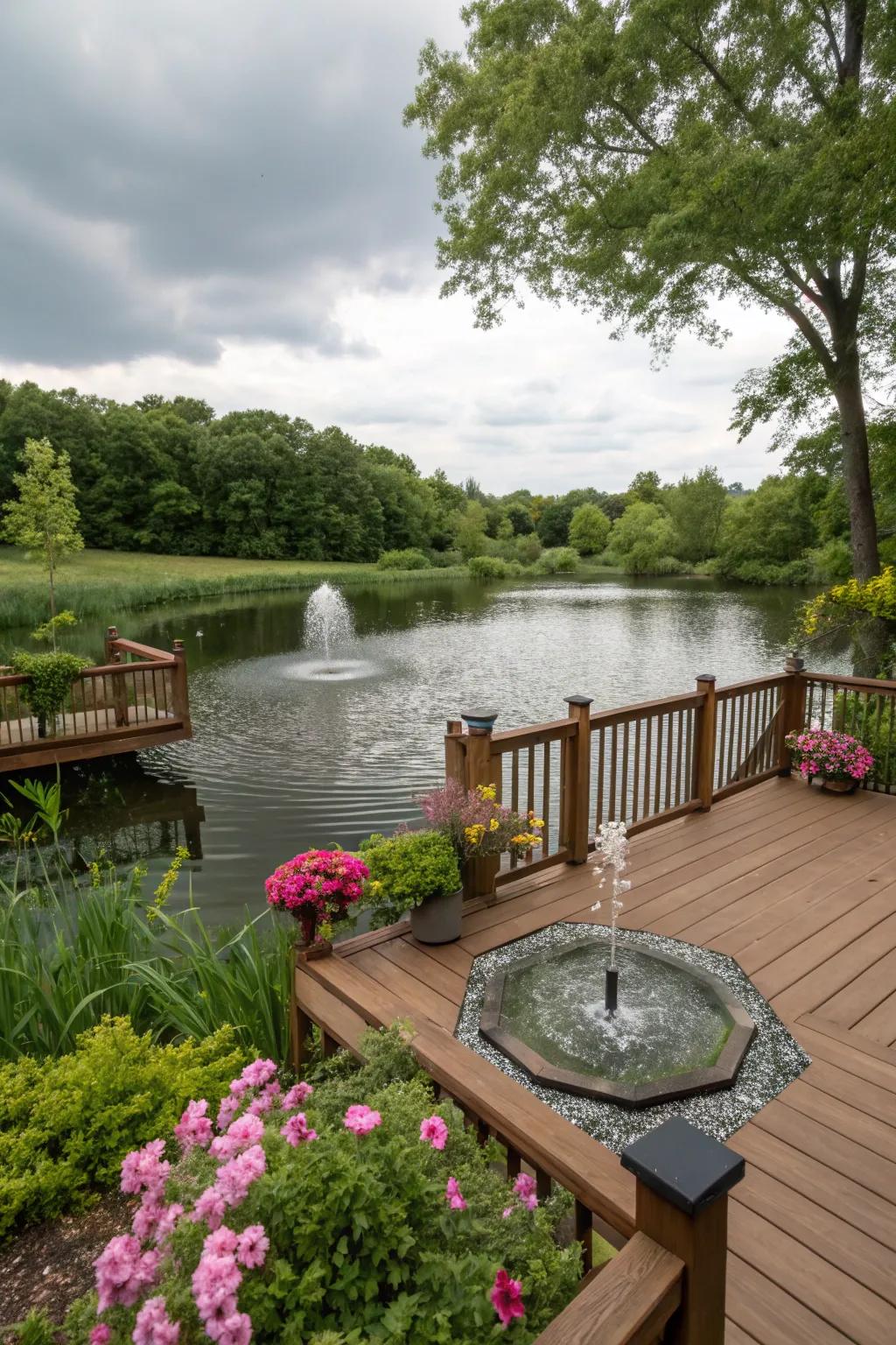 A deck furnished with a calming water fountain.