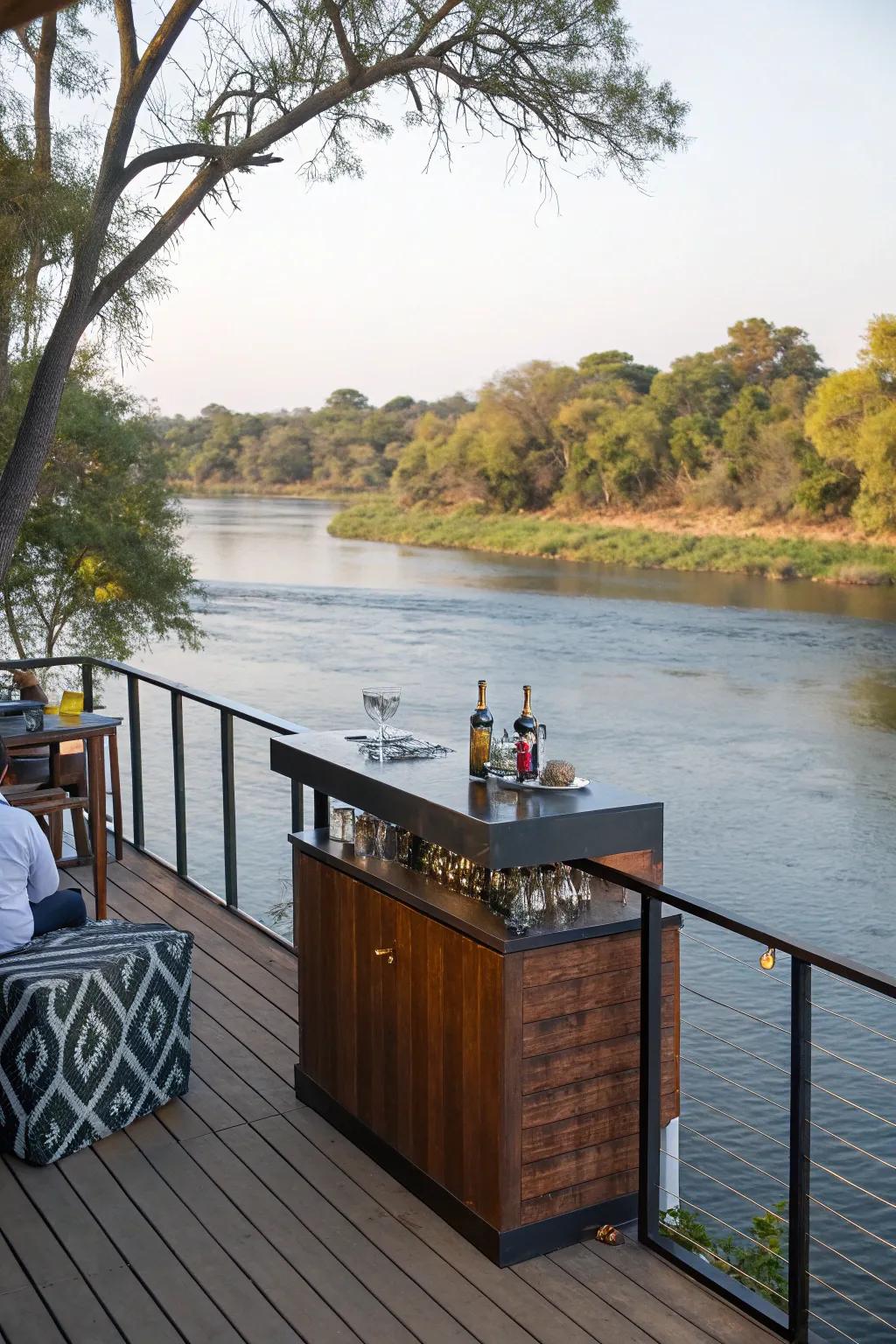 A stylish bar setup on a dock overlooking the water.