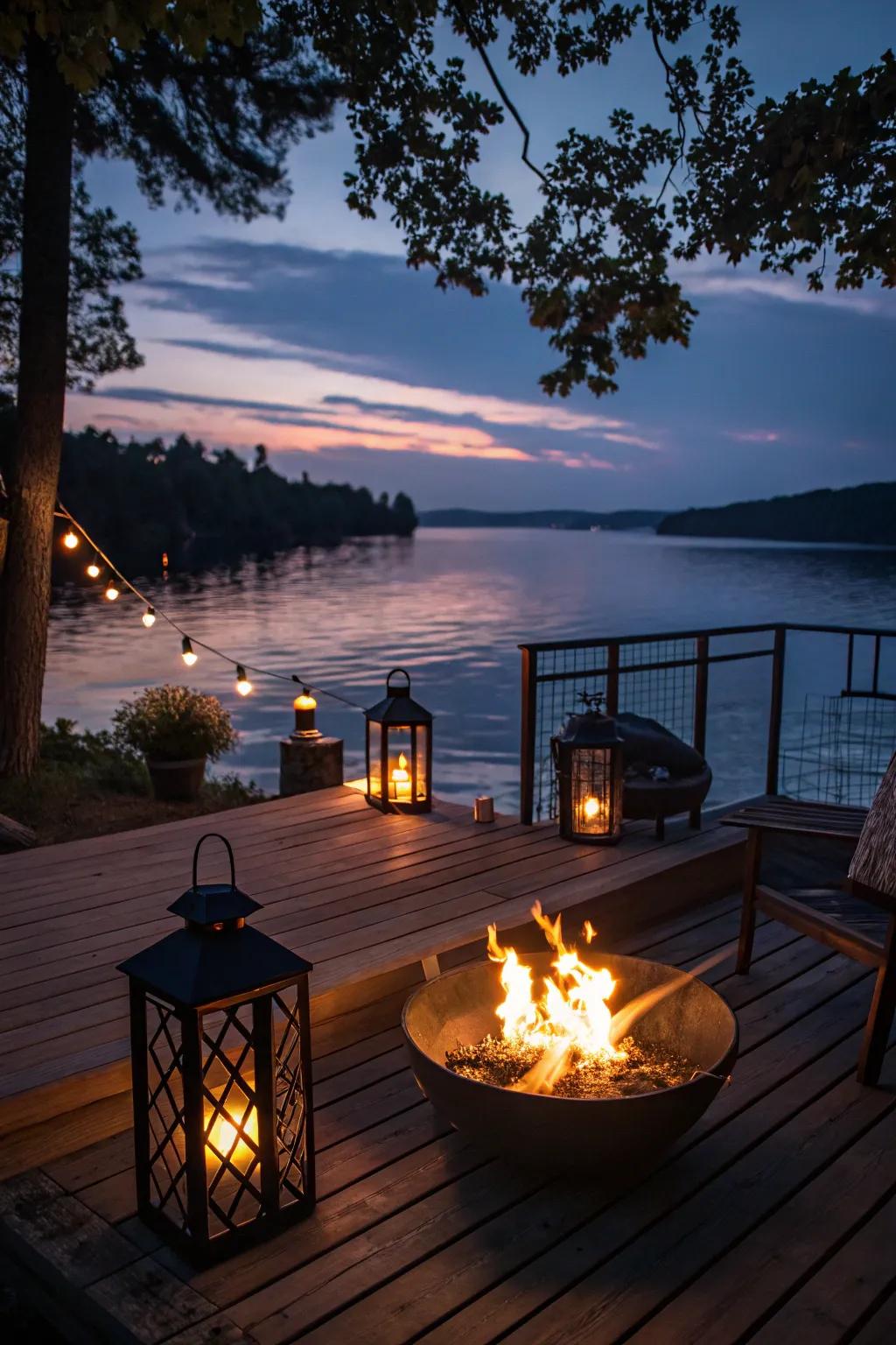 Cozy deck ambiance with lighting and fire features.
