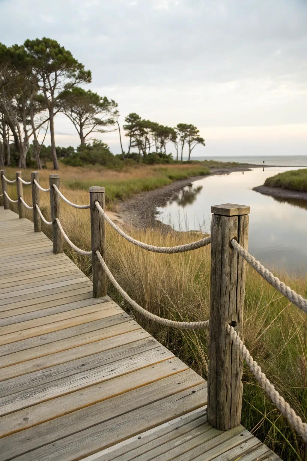Rope railings lending a coastal style to a deck.