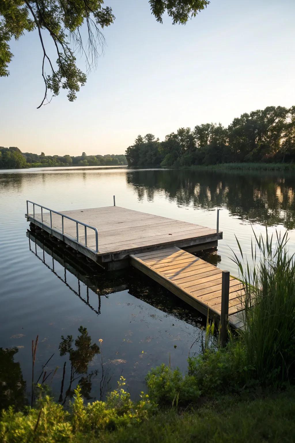 A sleek floating deck above calm waters.