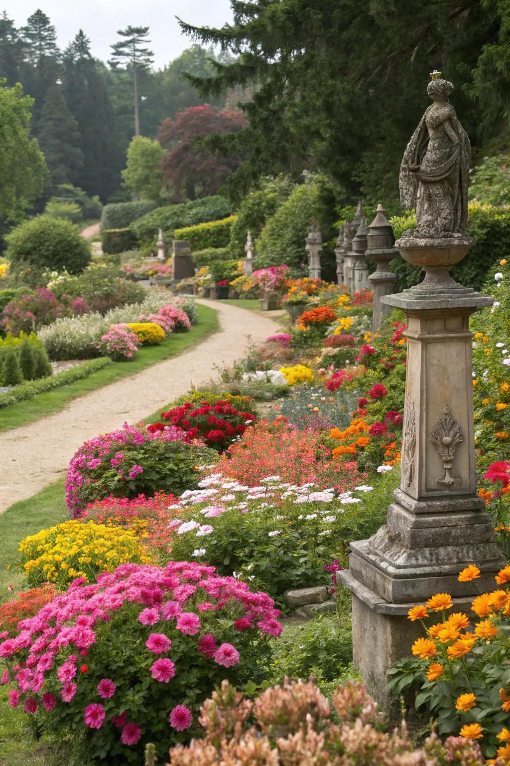 A fusion of art and nature with garden sculptures.