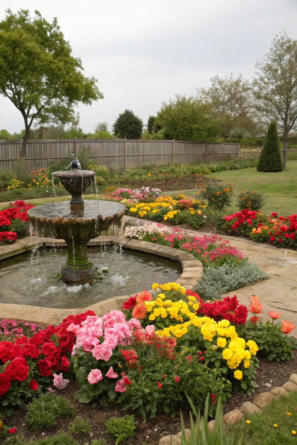 A serene oasis with a water feature focal point.