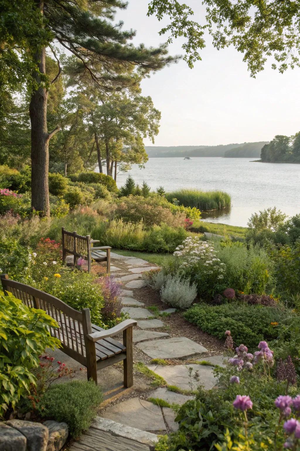 A garden designed to organically blend with the natural lakeside environment.