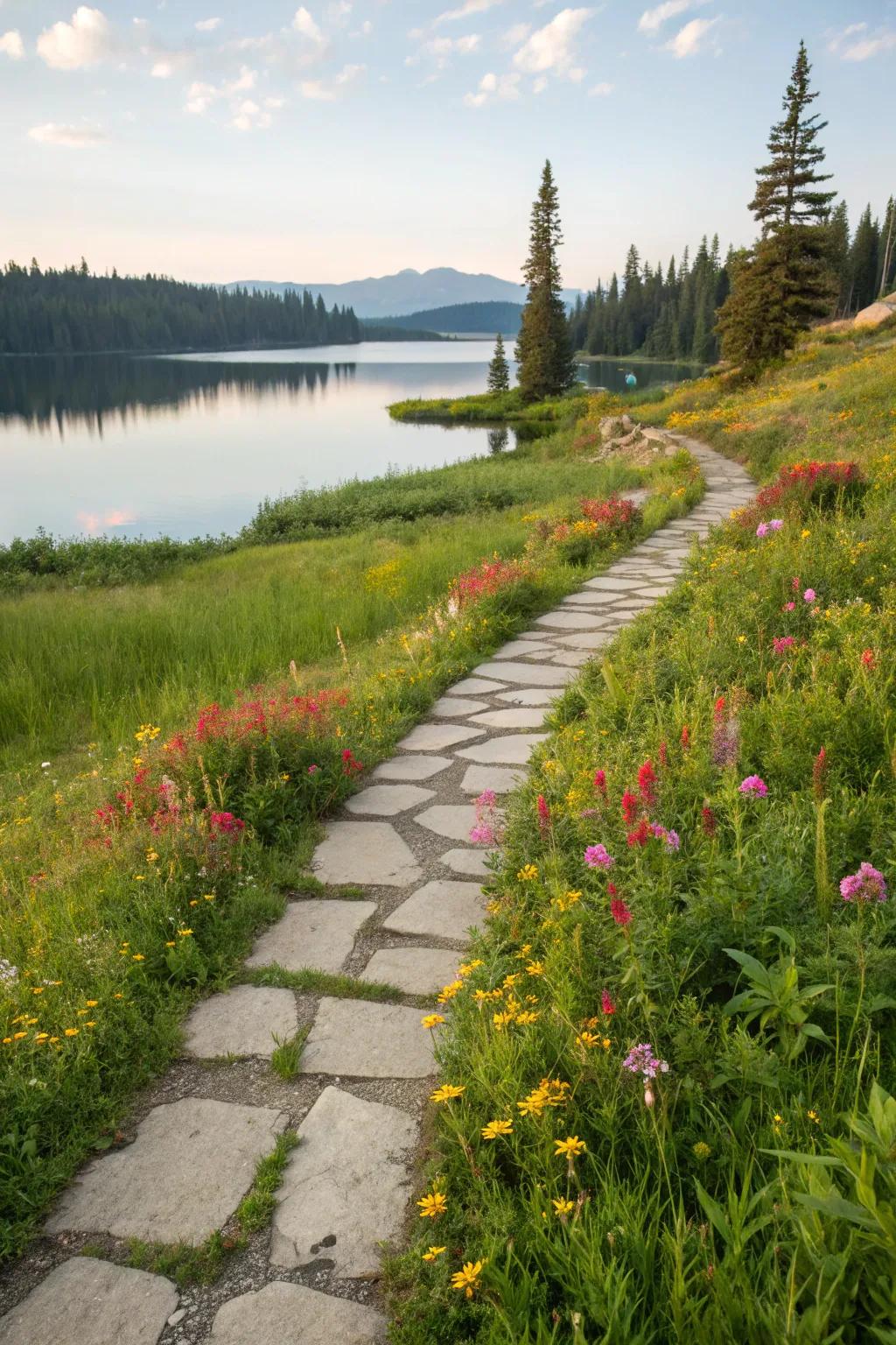 A charming stone pathway leading to a serene lake view.