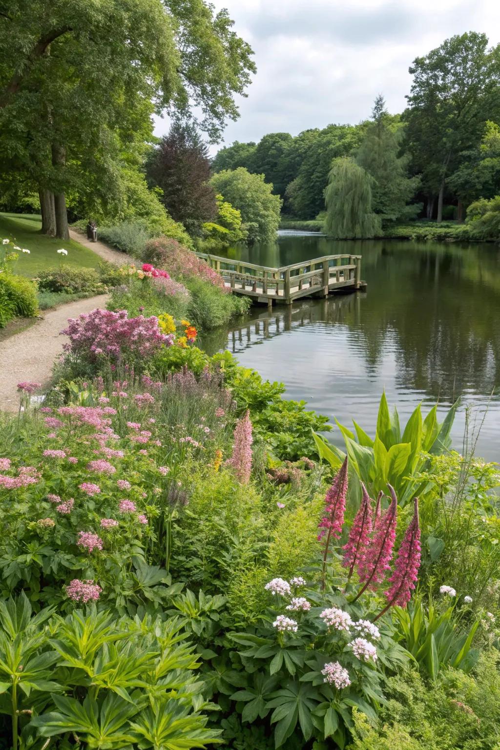 A vibrant lakeside garden filled with native plants.