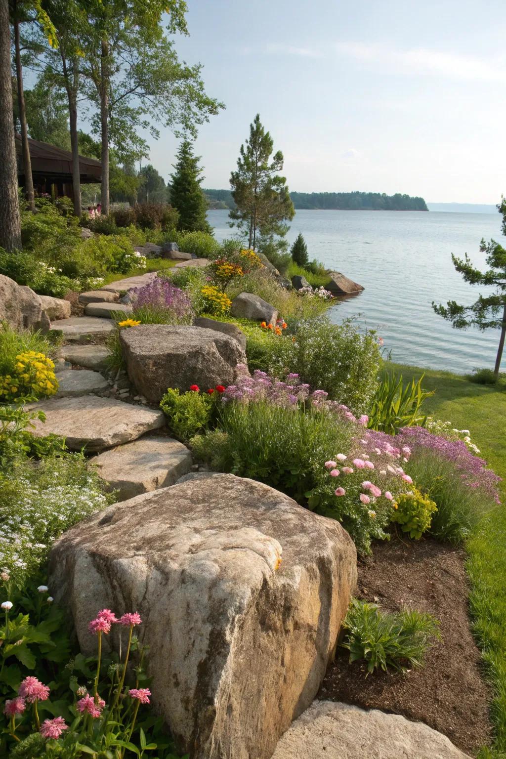 Natural rocks adding structure and beauty to a lakeside garden.