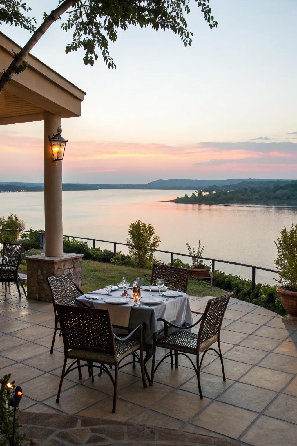 A welcoming patio setup for dining by the lakeside.