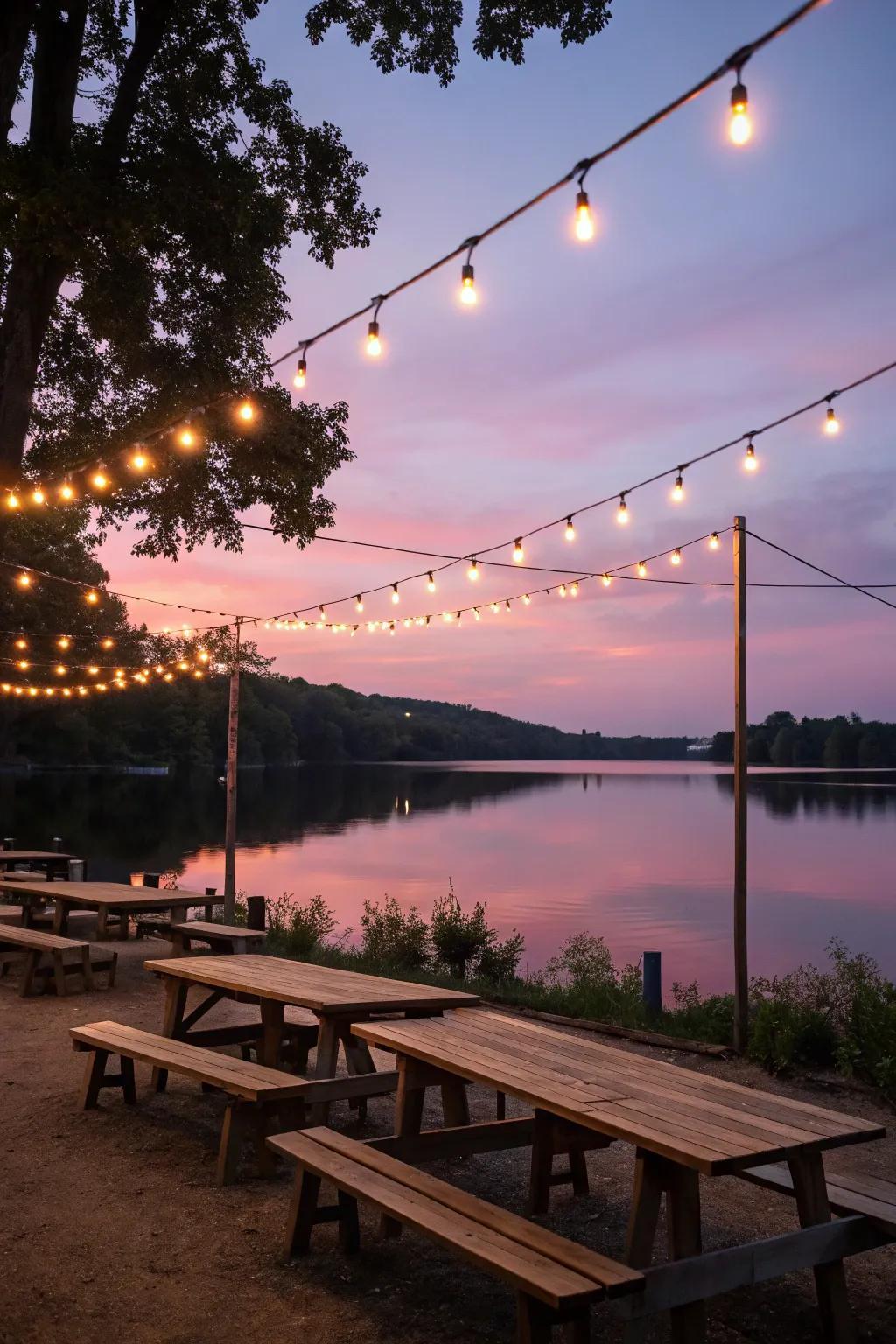 String lights creating a magical ambiance by the lakeside.