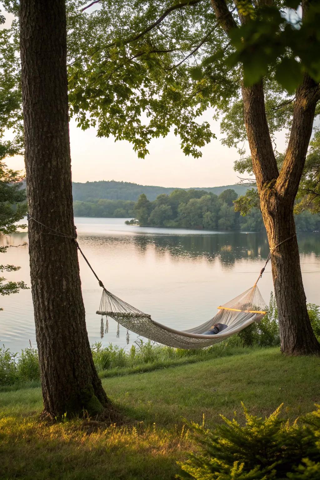A hammock offering a peaceful retreat by the water.