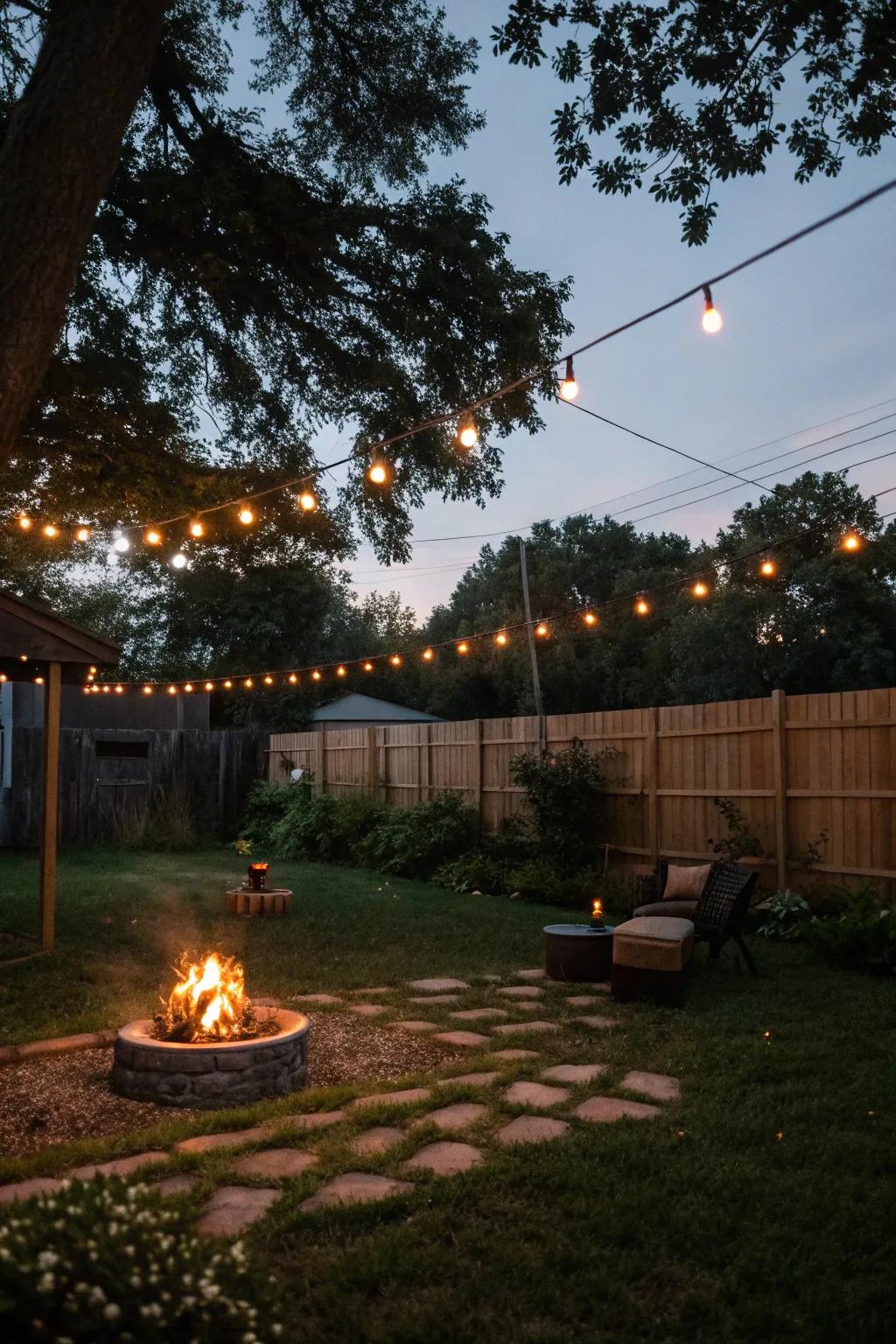 Twinkling lights create a magical ambiance at a bonfire party.