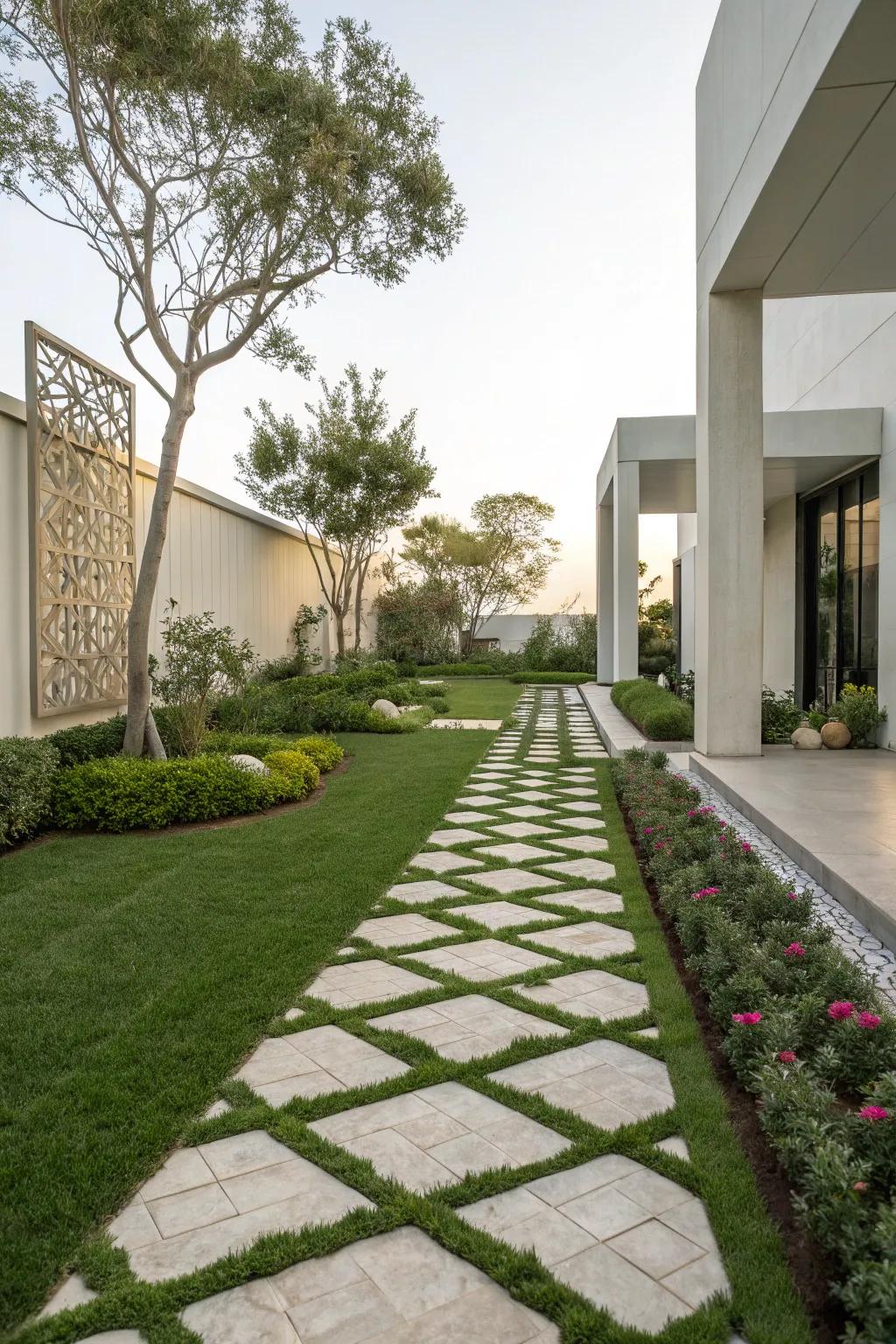 Grass walkway showcasing modern geometric patterns.