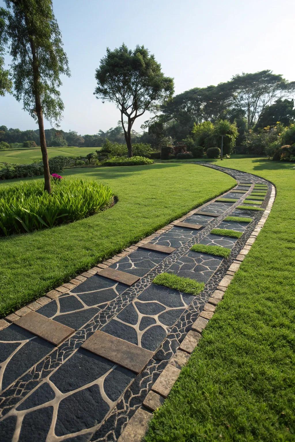 Dramatic contrast between dark stones and vibrant grass in a garden path.