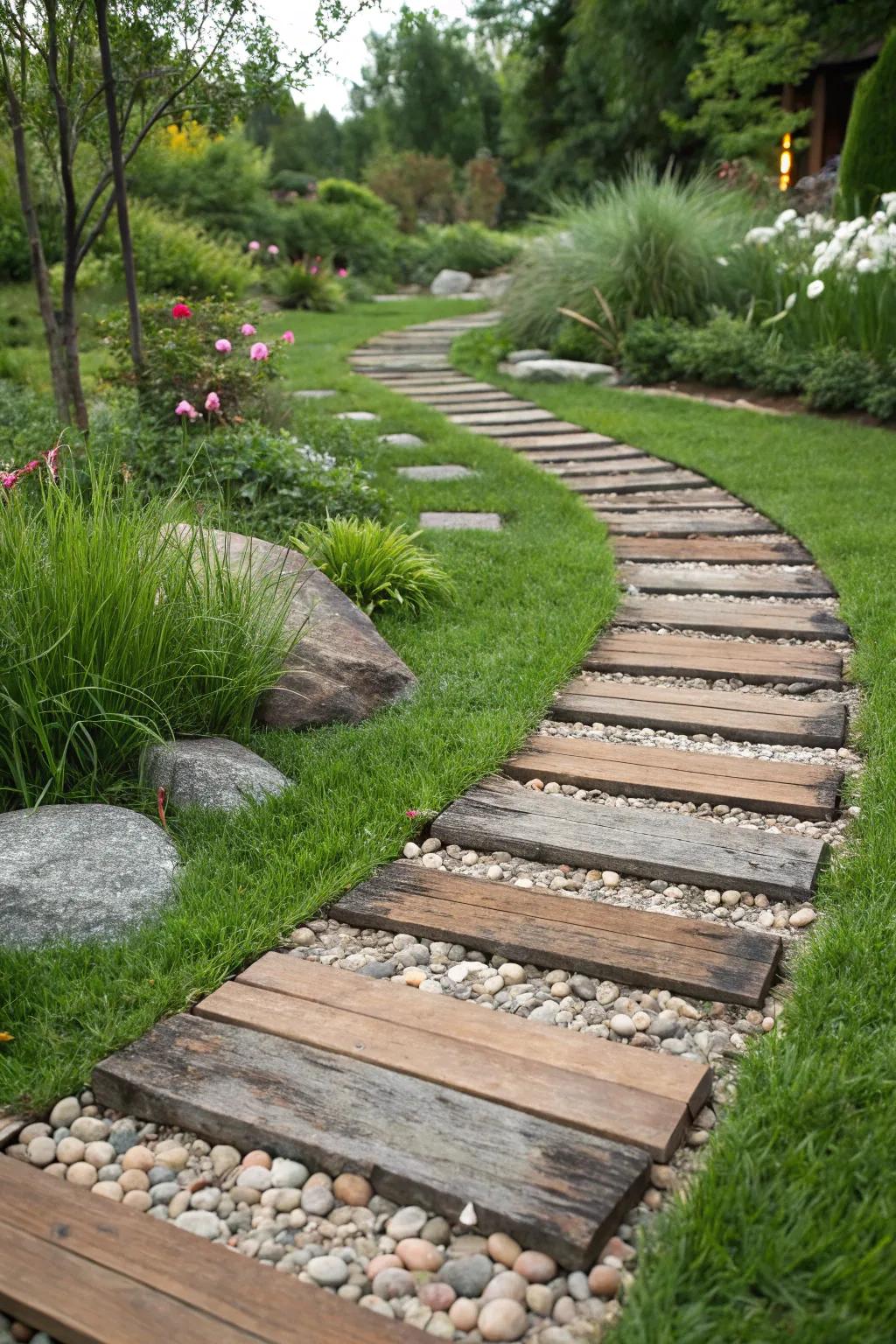 Grass walkway blended with wood and stone textures.