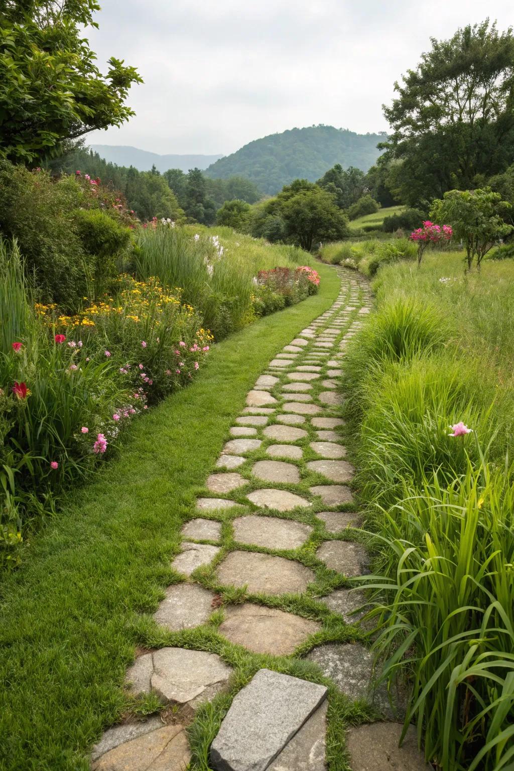 Grass pathway framed with stone and wood borders for a refined look.