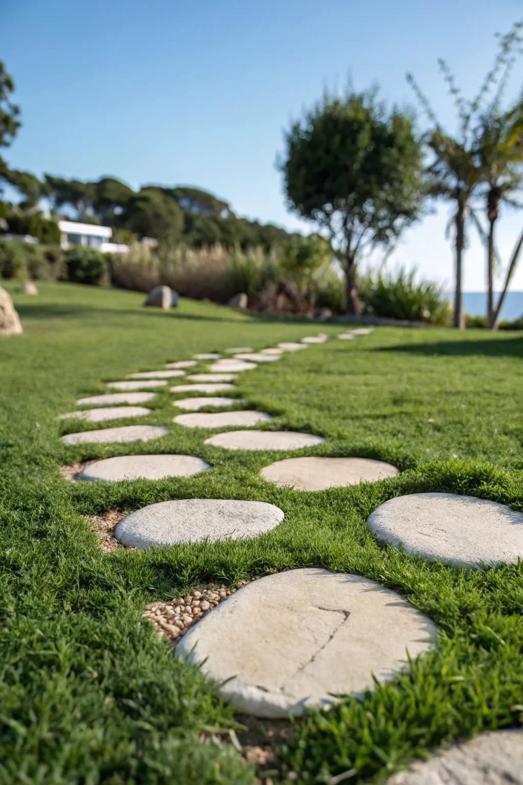 Whimsical stepping stone islands placed in lush grass.