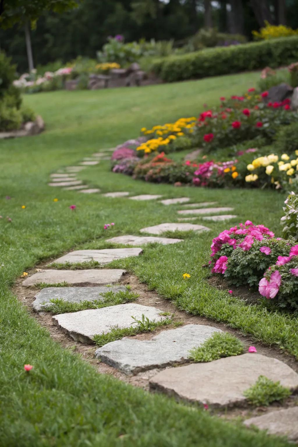 Classic stepping stones integrated within rich grass.