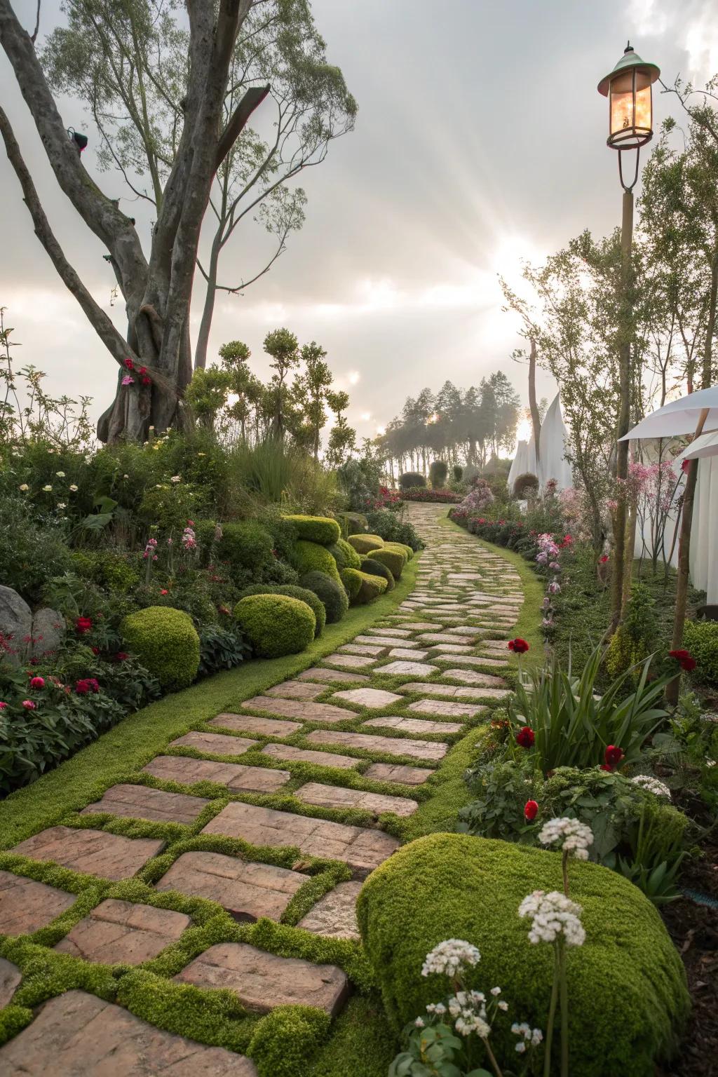 Moss-covered grass walkway evoking fairy tale magic.