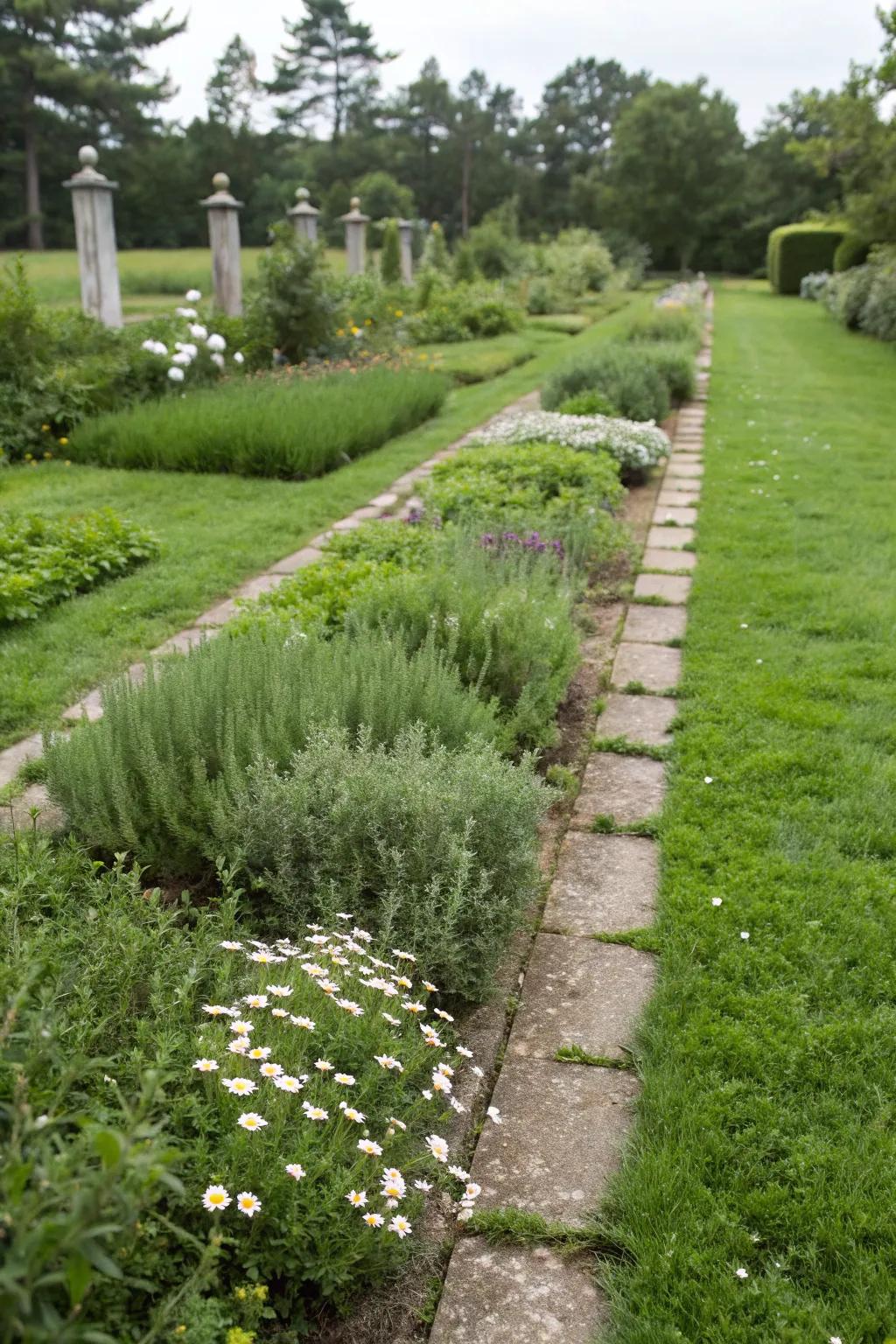 A grass pathway planted with herbs for edible use.