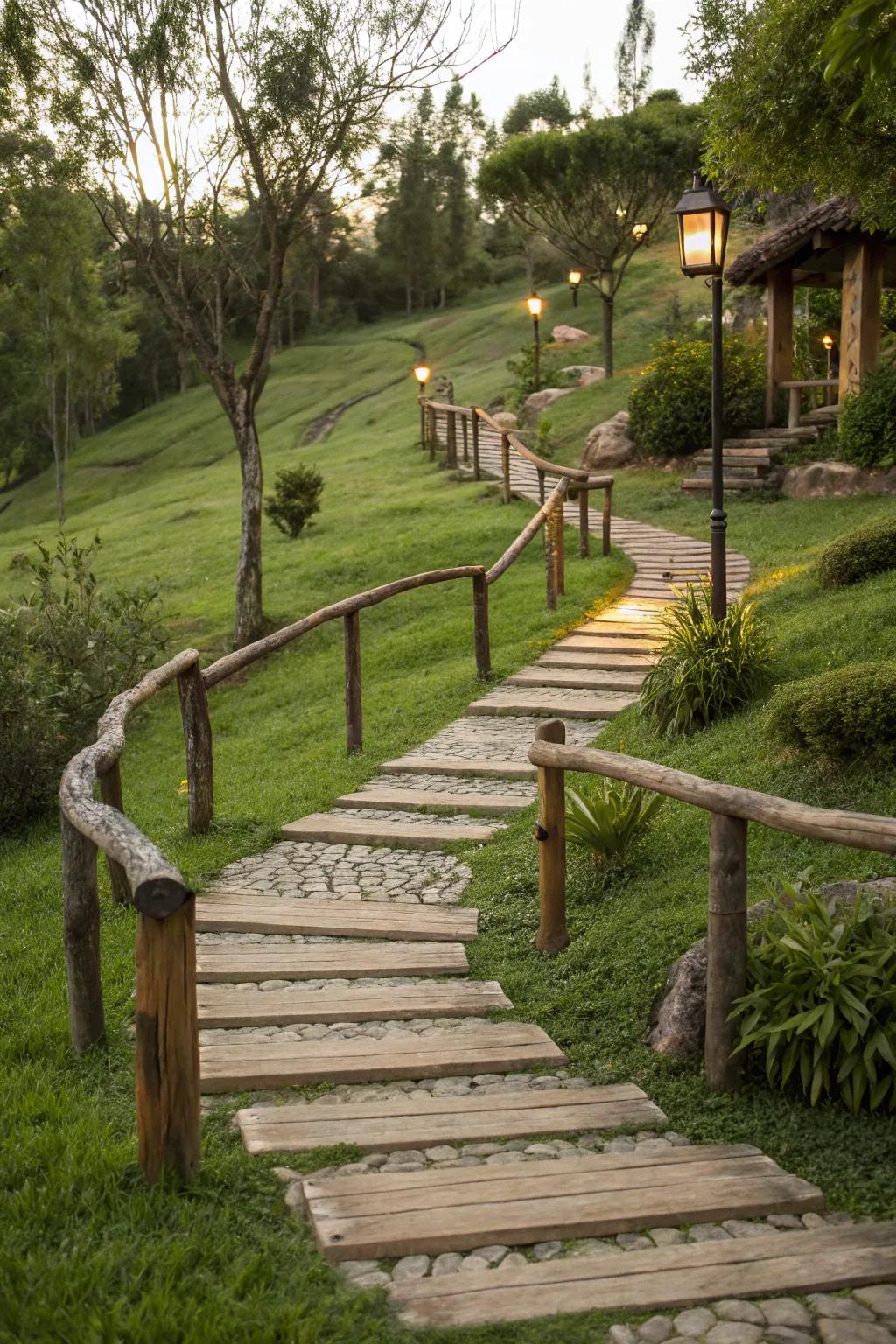 Grass walkway accented with warm wooden features.