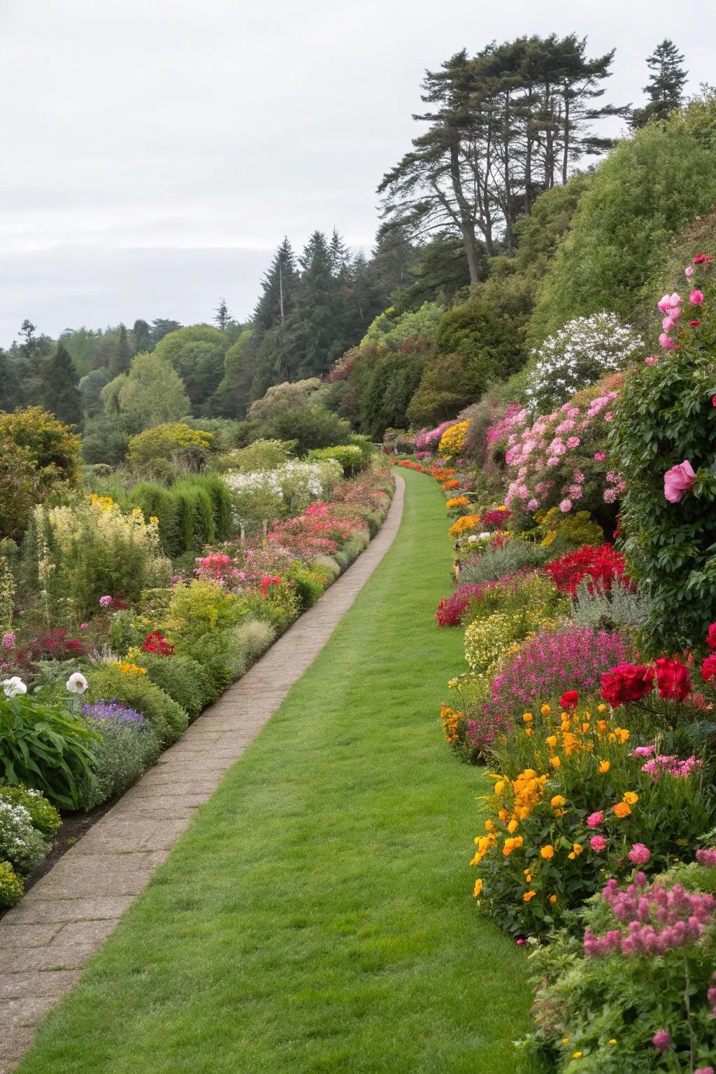 Seasonal blooms bordering a grass walkway, enlivening the garden.
