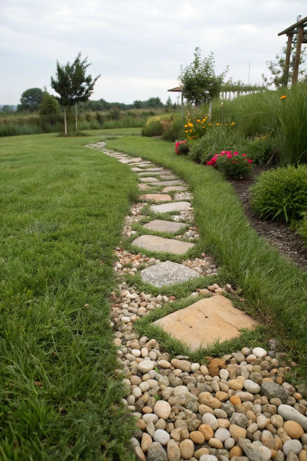 Grass pathway accented with pebbles to evoke a coastal ambiance.