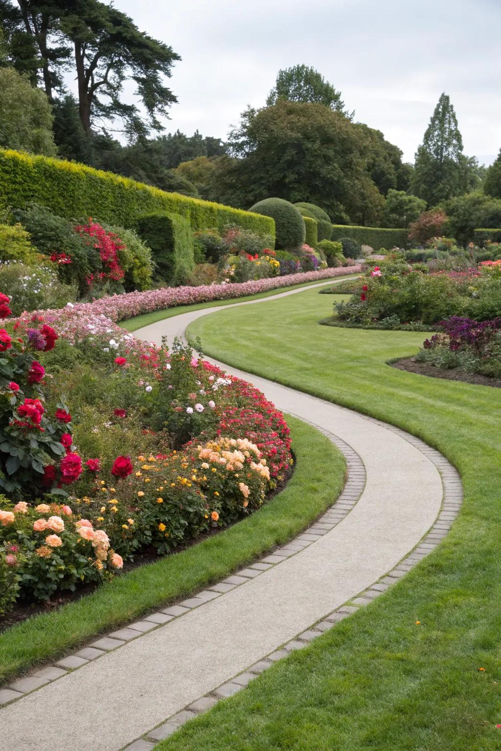 Graceful curved grass walkway adding flow and motion to the garden.