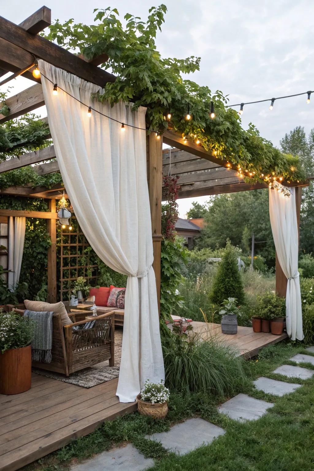 Rope-hung curtains introduce a rustic charm to your pergola.