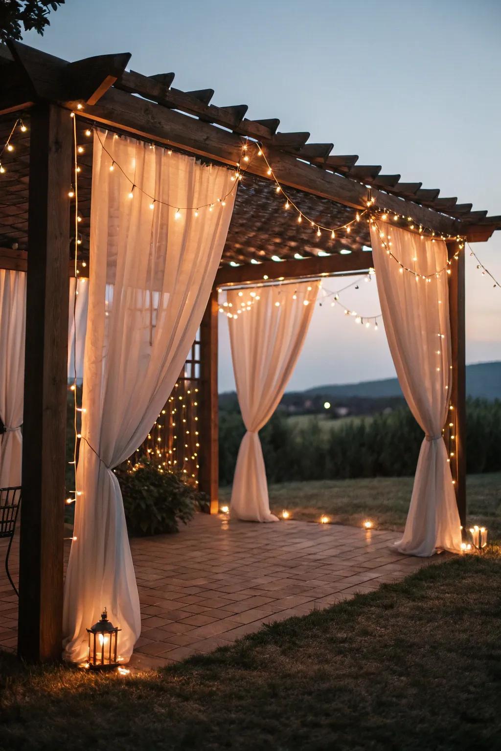 Light-filtering curtains paired with string lights create a dreamy atmosphere.