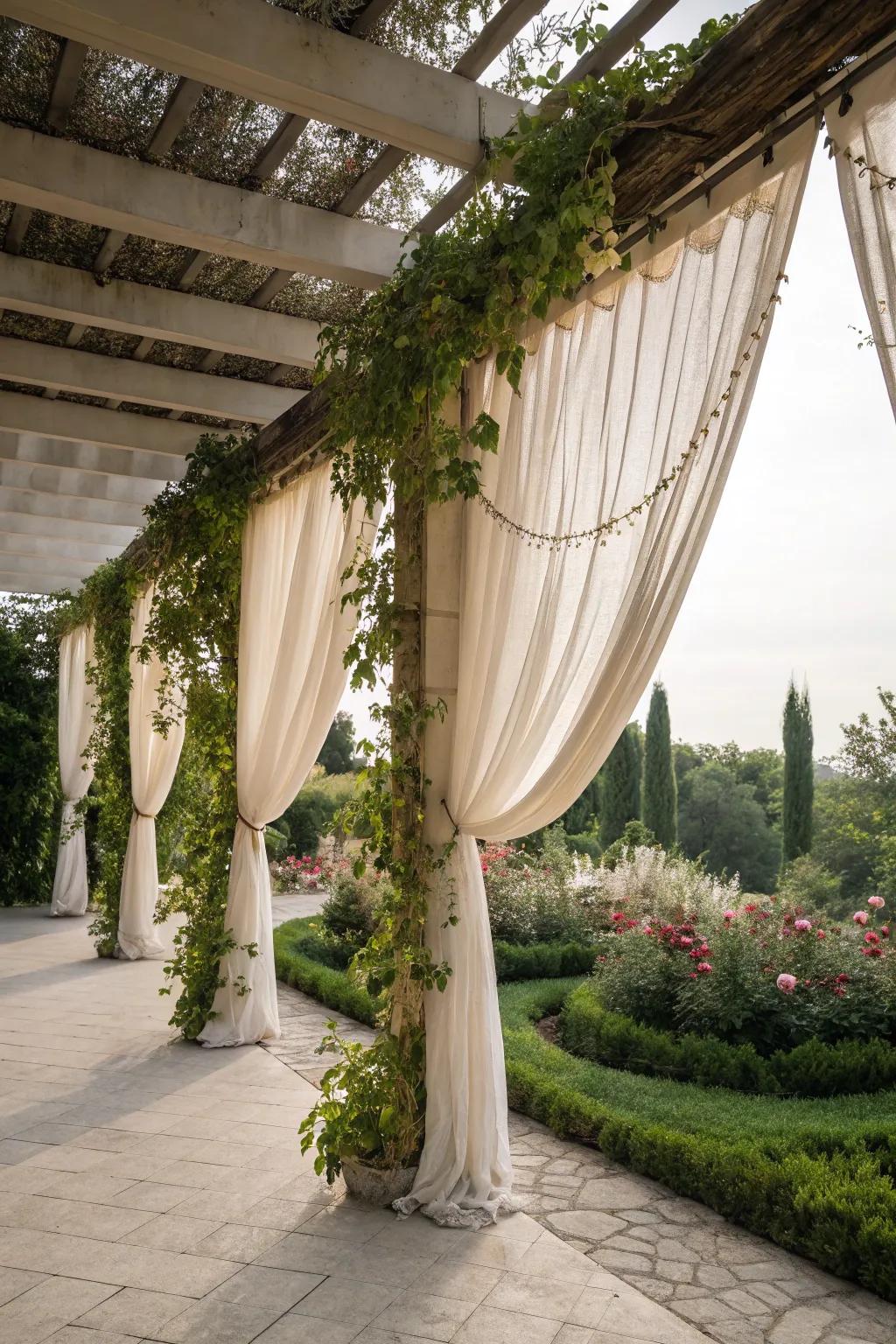 Fringe curtains add playful texture and movement to your pergola.